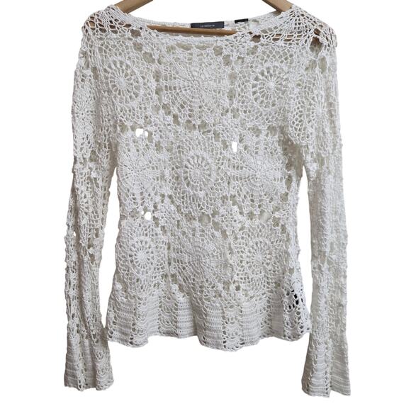 Liz Claiborne Womens Vintage Boho Cottage Crochet Knit Top White Flare Sleeve M - Picture 1 of 11